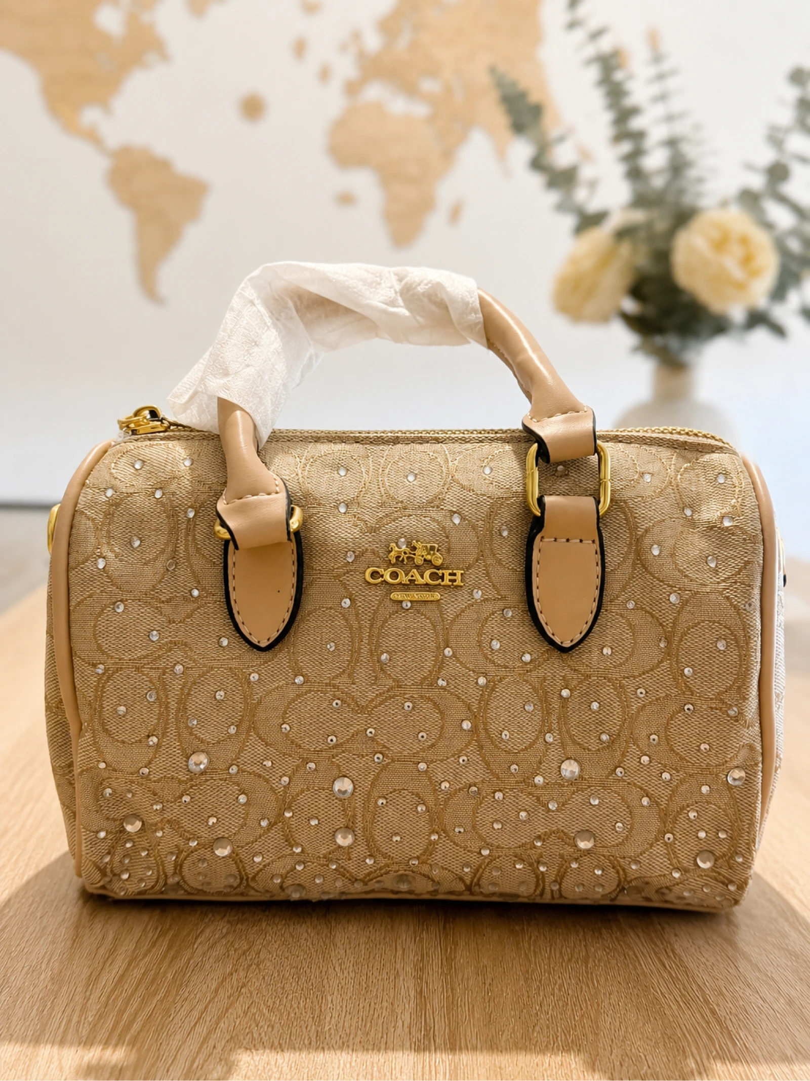 Coach Mini Rowan Satchel – Bege Monograma com Cristais